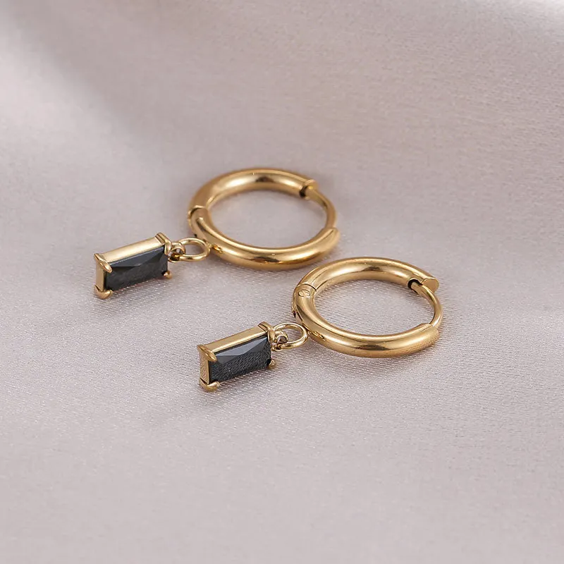 Delicate Stainless Steel Square Shape Cubic Zirconia Huggie Earrings Gold Plated Titanium Steel CZ Drop Clip On Earrings Women