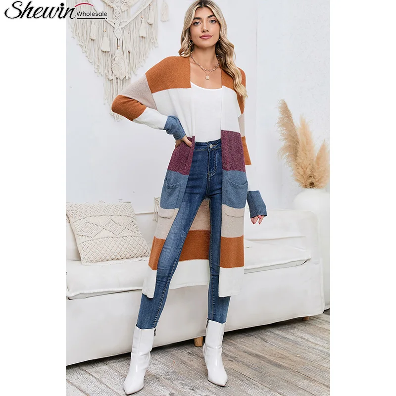 Shewin Wholesale Acrylic Colorblock Open Front Knit Fall Long Sweater Cardigan Women