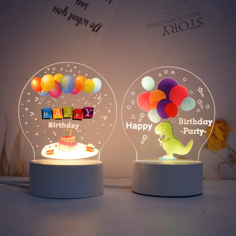 3D Illusion Night Lights LED Happy Birthday Night Lights 7-colors Adjustable Birthday Cake Table Lamp Bedroom Acrylic USB Cable