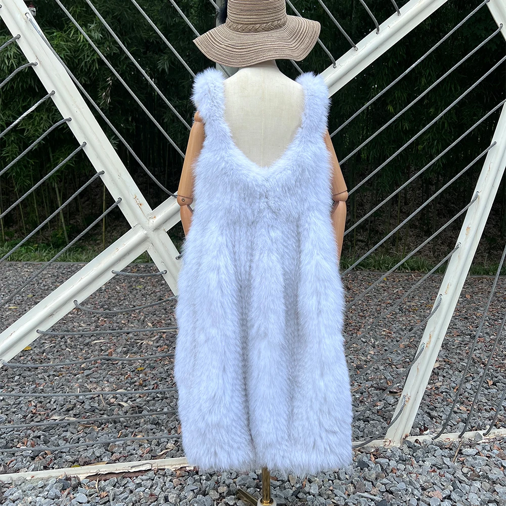 2023 Women Autumn Winter Real Fox Fur Knitted Skirt With Lining Ladies Luxury Genuine Fox Fur Coat Jacket