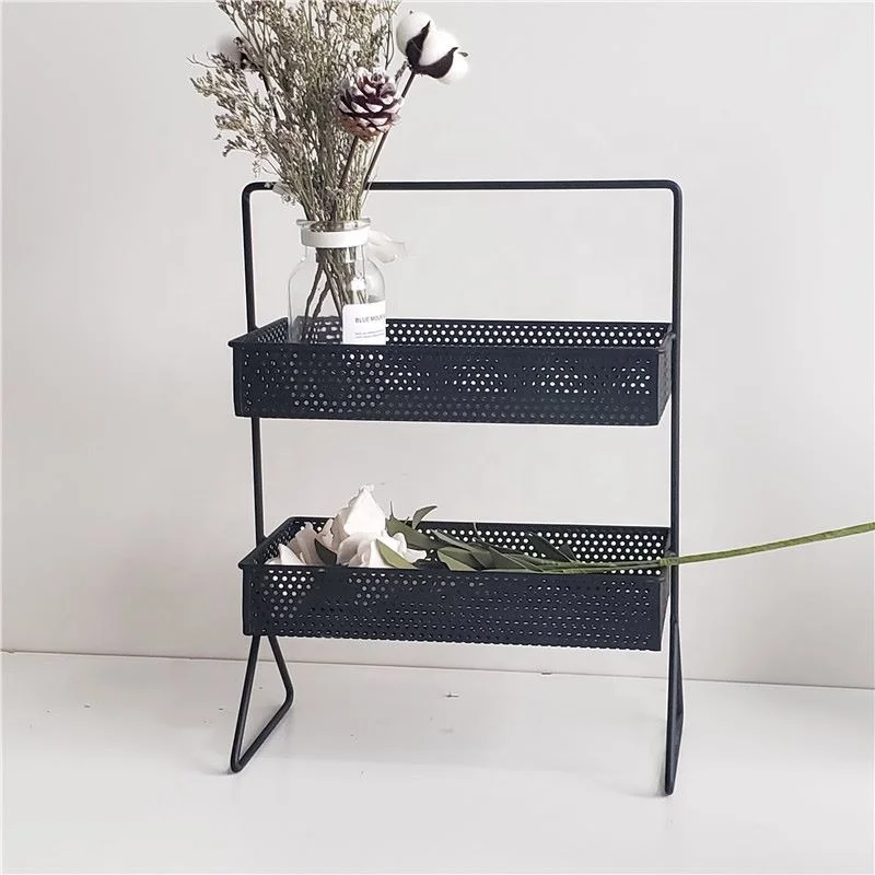 Home Handmade Metal Standing Type Black Net Wire Frame Desk 2-Tiers Rack Storage Shelf for Kitchen Living room