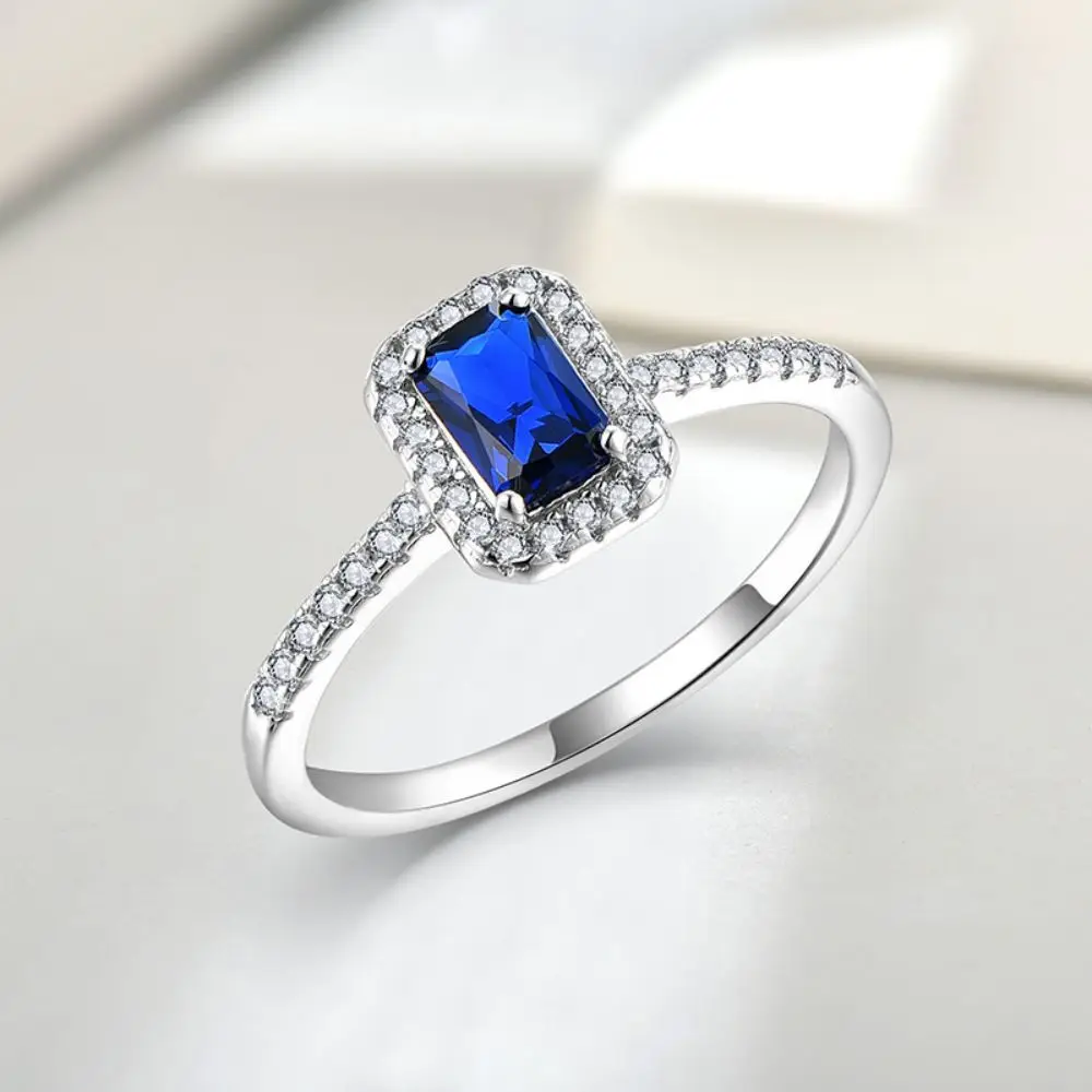 YH JEWELLERY 925 Sterling Silver Emerald Cut Blue Sapphire With White Zircon Fashion Ring