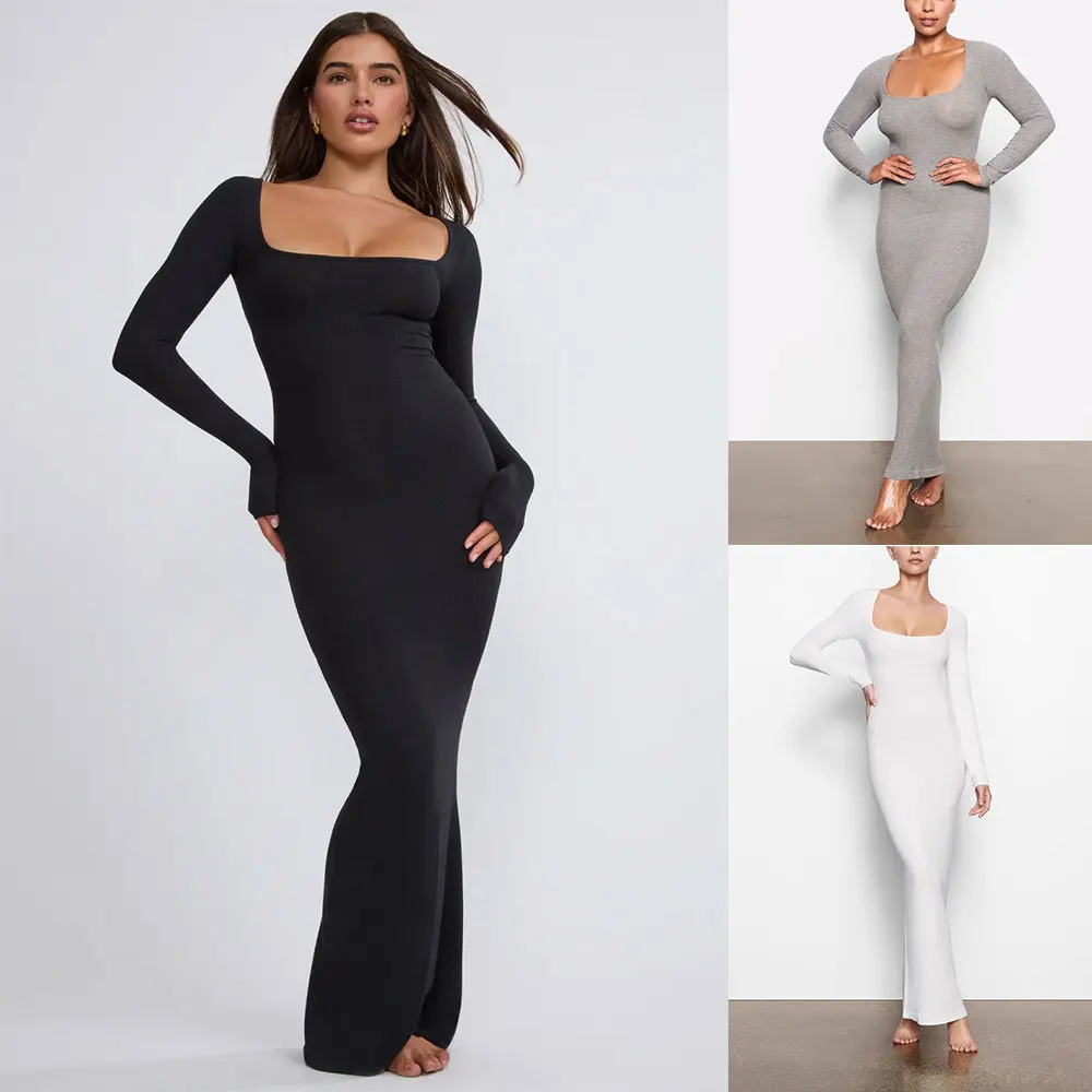 Autumn Women Hooded Casual Maxi Dress Concise Zipper Long Sleeve Body-shaping Solid Basic Dress