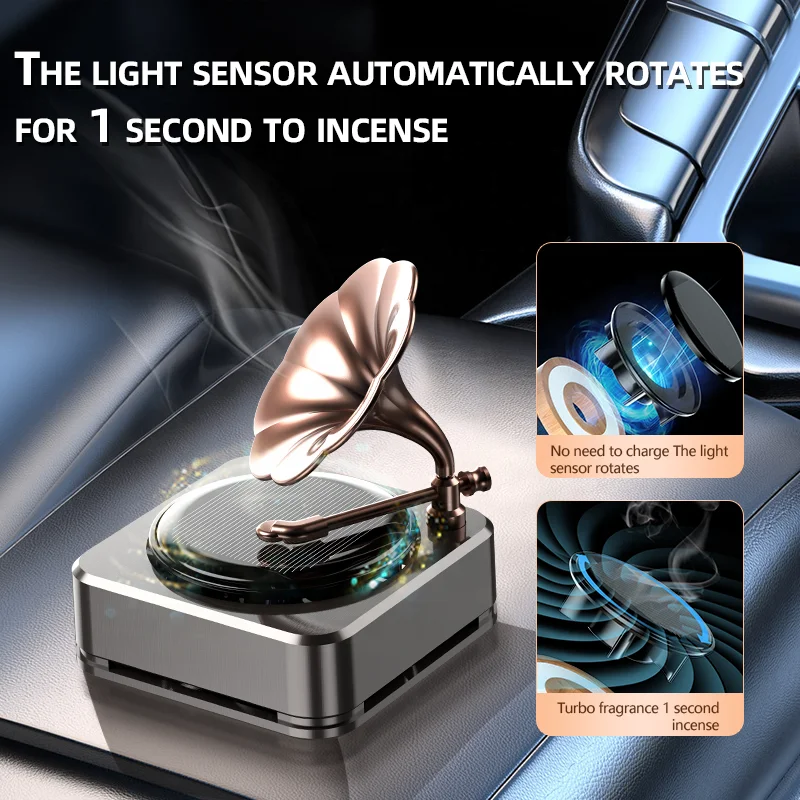 High Quality solar phonograph car aromatherapy Vintage Gramophone Perfume Long Lasting Light Sensor Auto Rotating Air Freshener