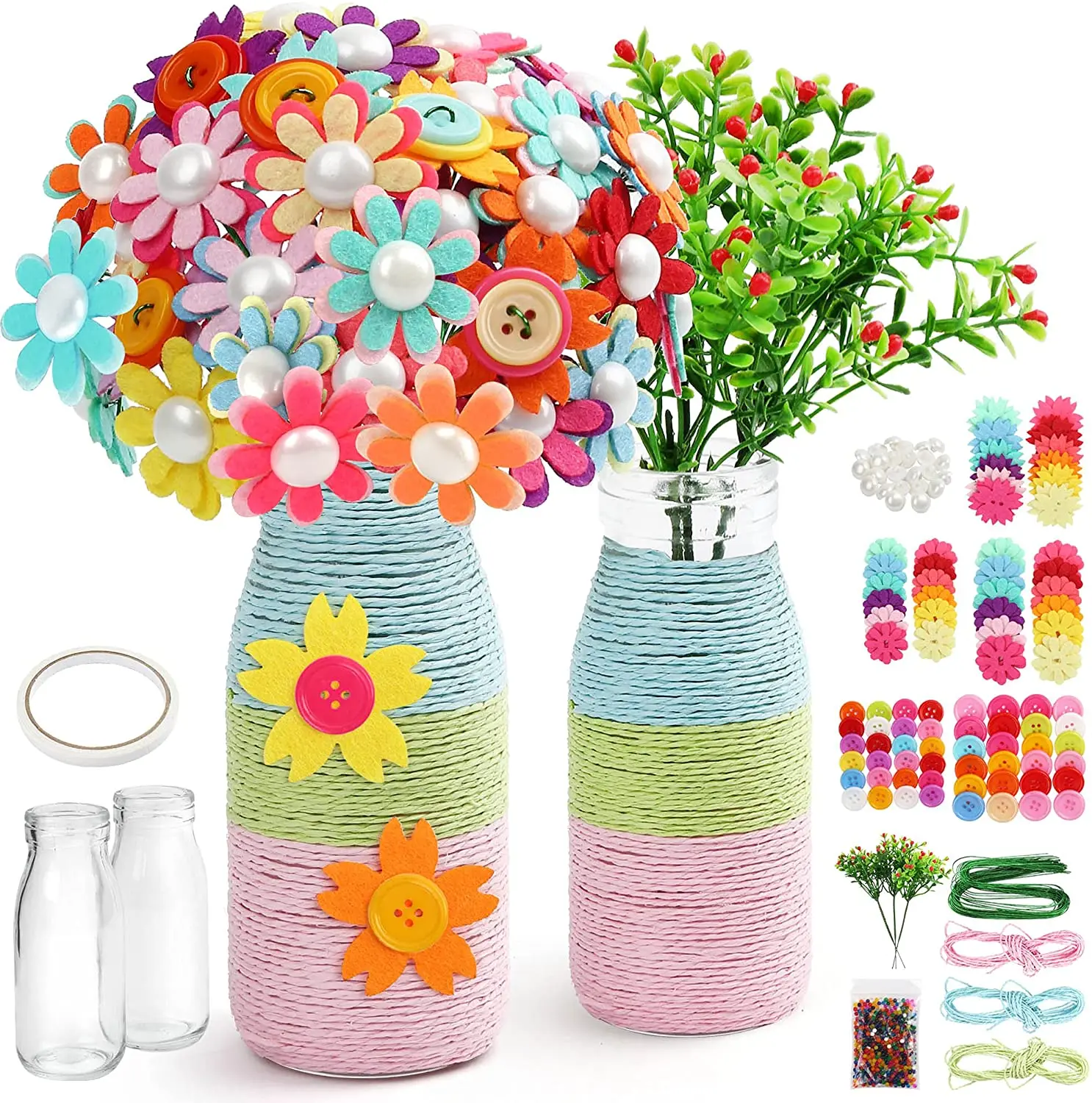 Make Your Own Flower Bouquet with Buttons and Felt Flowers DIY Vase Art and Craft for Children