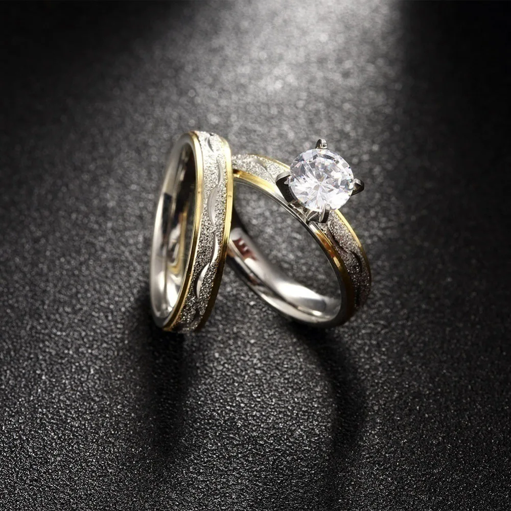 Titanium Steel Tarnish Free Silver Gold Two Tone Couple Ring Bride Engagement Stainless Steel Wedding Rings for Couples set