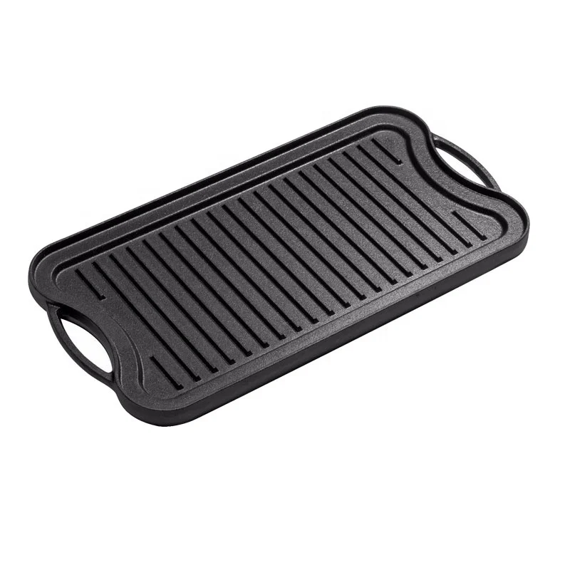 Rectangle Reversible Cast Iron Griddle Black Grill Pan Double Handle Fry Pan