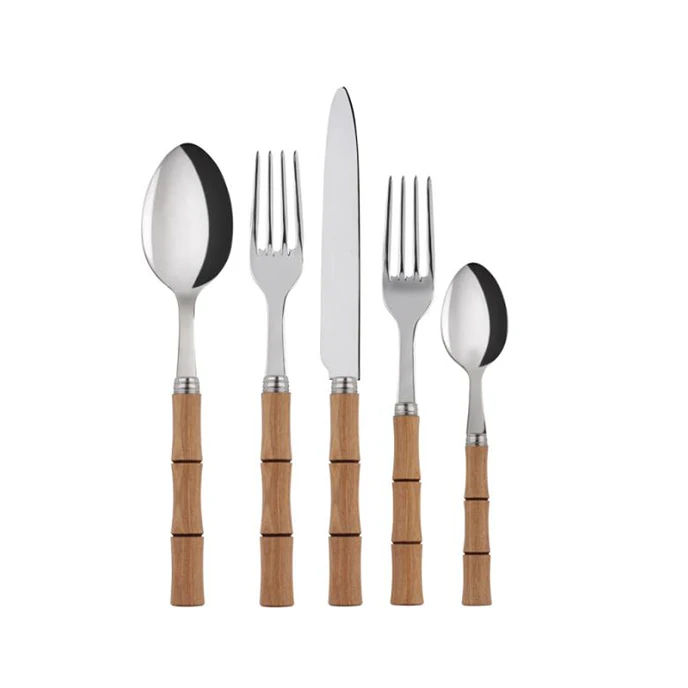 Natural Bamboo Flatware Wood Handle cutlery set stainless steel 304 mirror polish luxury real bambu silverware set