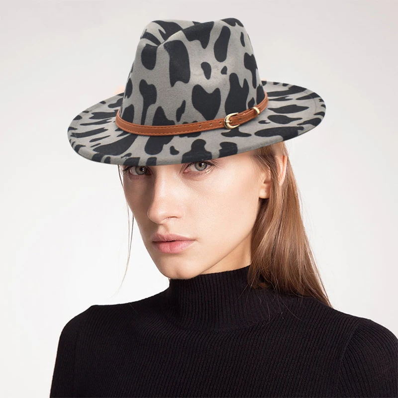 Cow Print Hat Wide Brim Patchwork Wool Felt Classic Jazz Fedora Hat with Belt Buckle for Women
