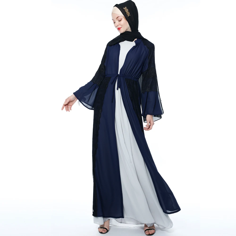 Muslim flared sleeve ethnic style long-sleeved cardigan hit color open abaya 9701