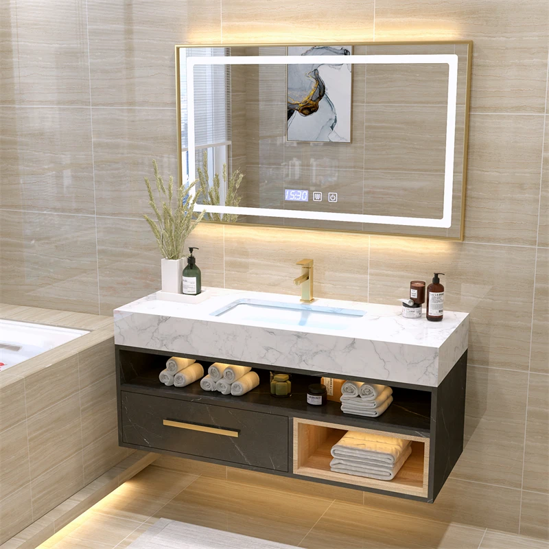 High quality MDF/ PVC/ Plywood vanities floor storage bathroom cabinet furniture with led mirror