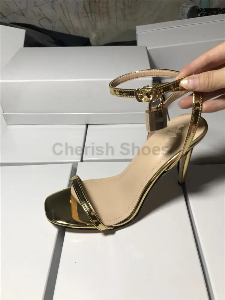 New design single band open toe ankle strap sandals lock detail square toe stiletto heels dress shoes for women ladies