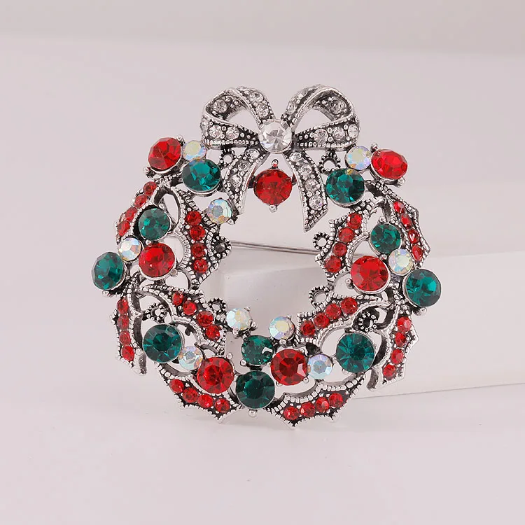 wholesale rhinestone brooches colored Christmas wreath retro brooches