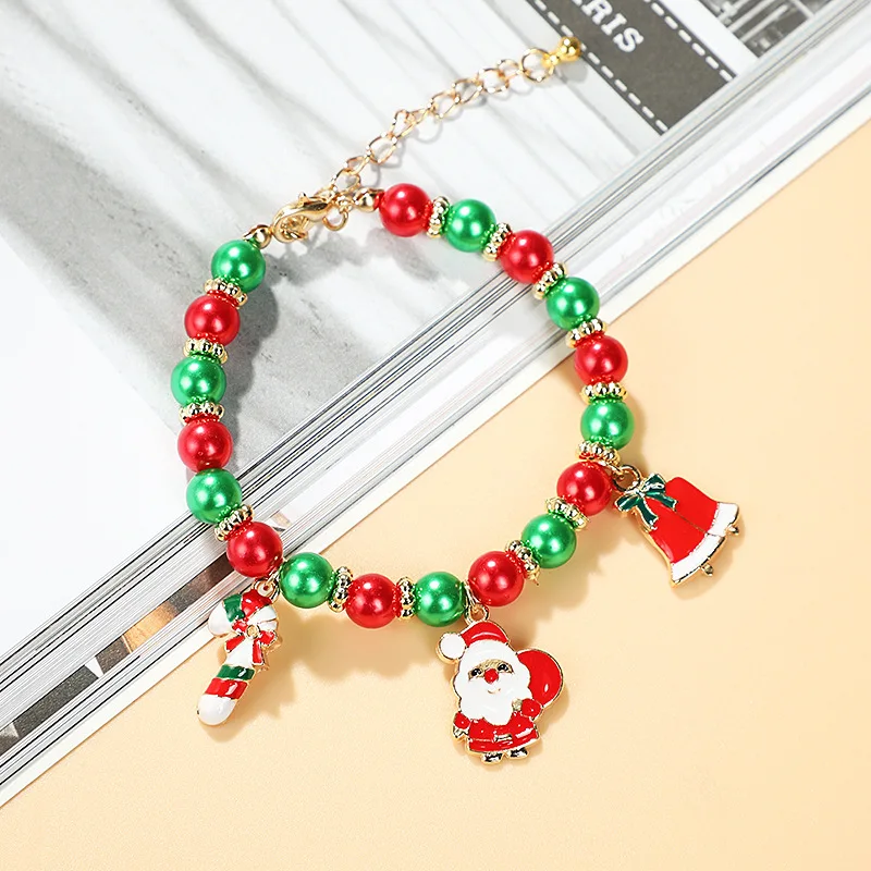 Christmas Colorful Pearl Beaded Bracelet with Santa Claus Bell Fashionable Jewelry Gift for Boyfriend Girlfriend or Couples
