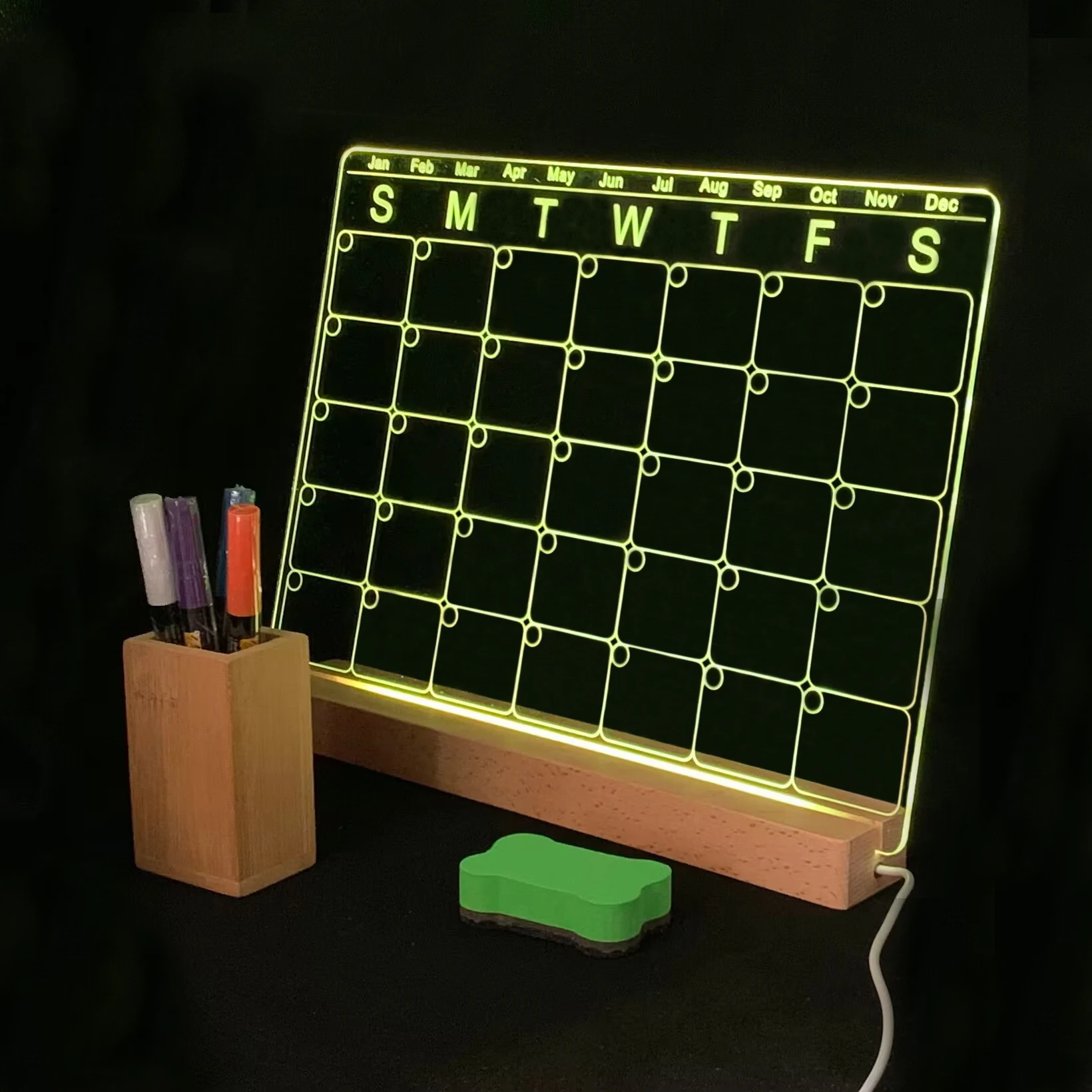 LED Mutil-Color Blank Acrylic Message Board Note Memo board Wood stand Base With Pen Dry Eraser