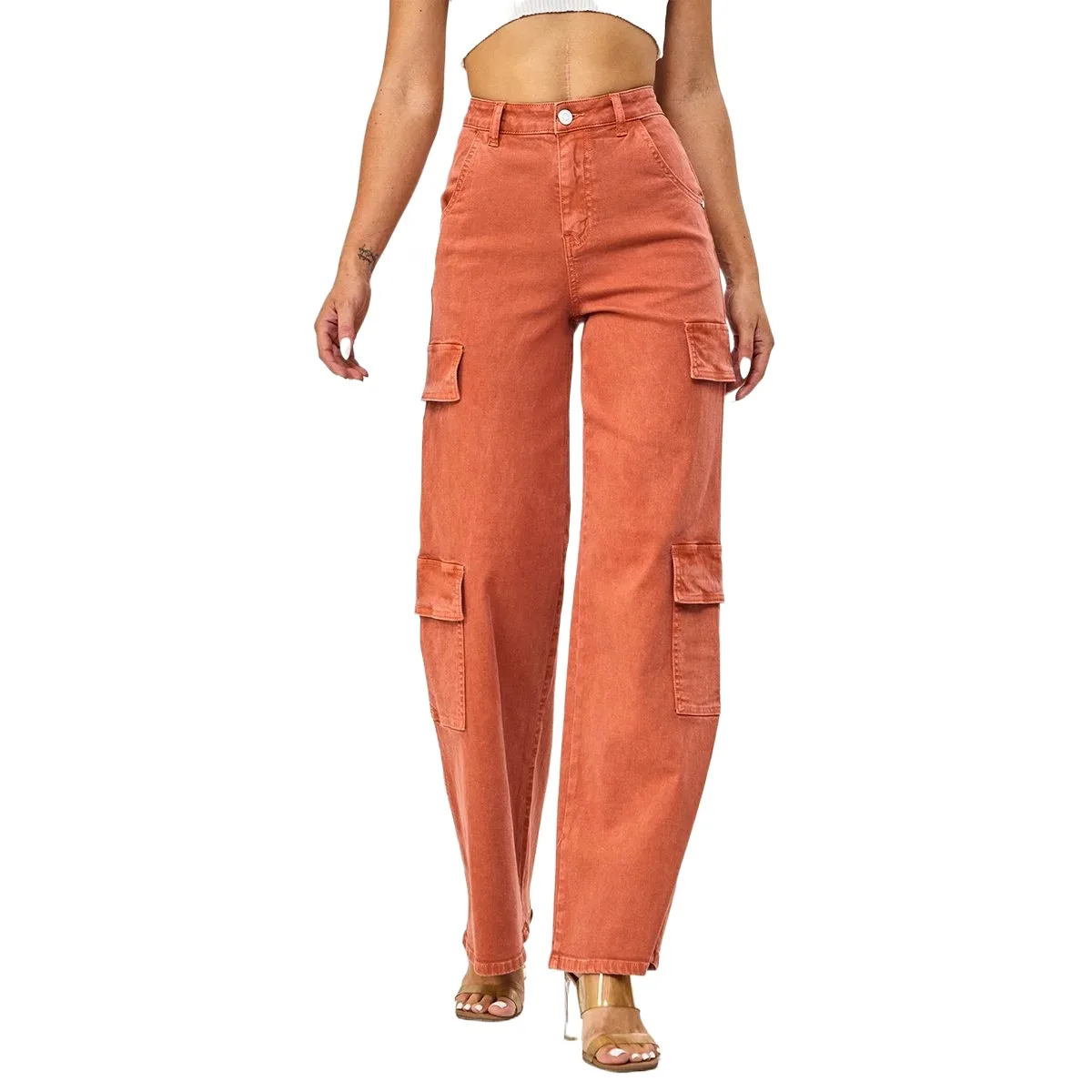 Hot Selling Female Brown High Waisted Wide Leg Jeans for Women Customized Pocket Cargo Pants