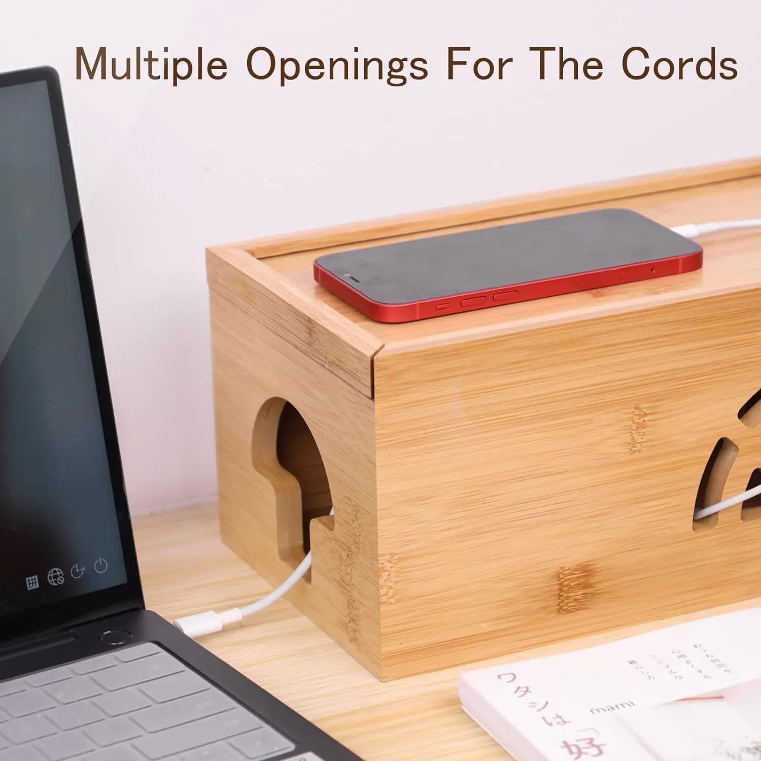 Extra Large Cable Management Box with Lid, Bamboo Cable Box for Cords, Power Strips or Surge Protectors