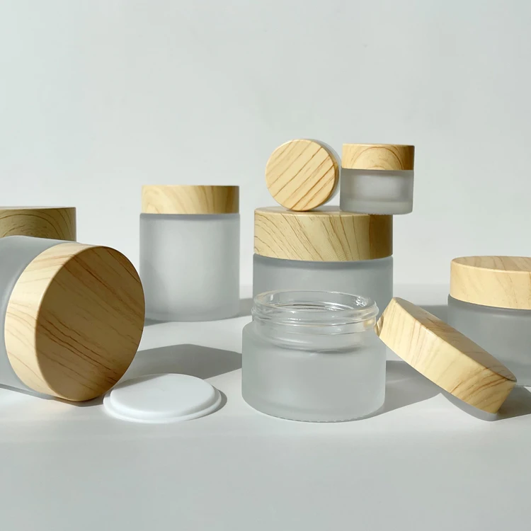 Wholesale 5g 10g 15g 30g 50g 100g cream skincare packaging white frosted glass jar with bamboo Plastic wood grain
