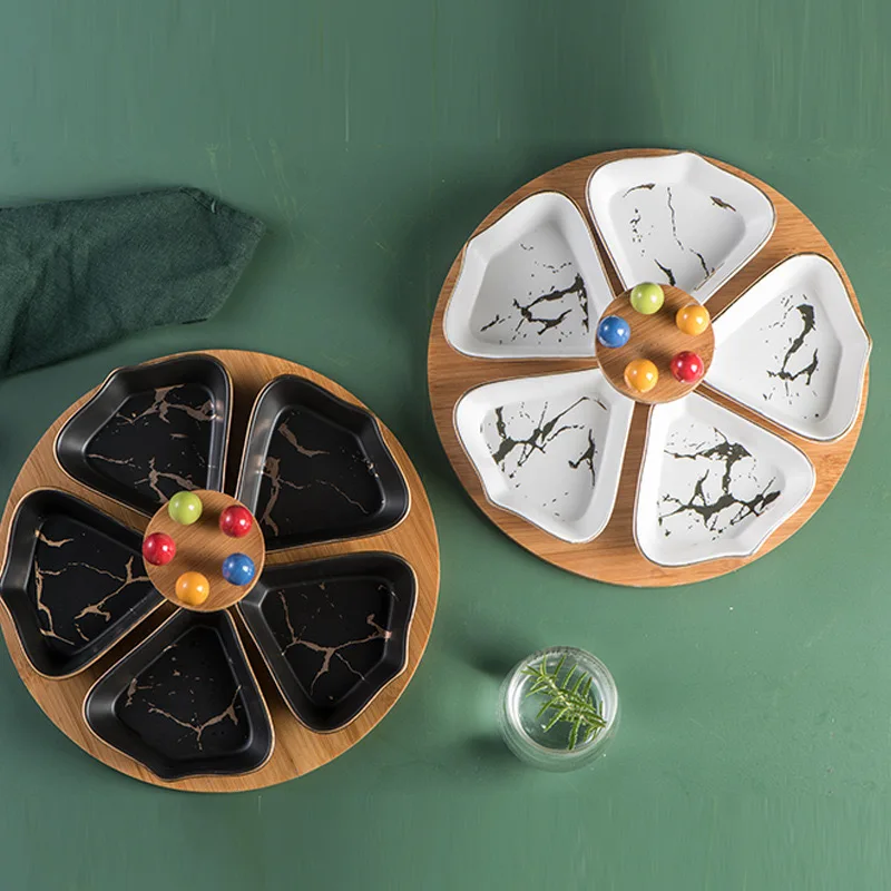 Ceramic marble fruit plate with bamboo and wood base pins snack plate for dried fruit and nuts