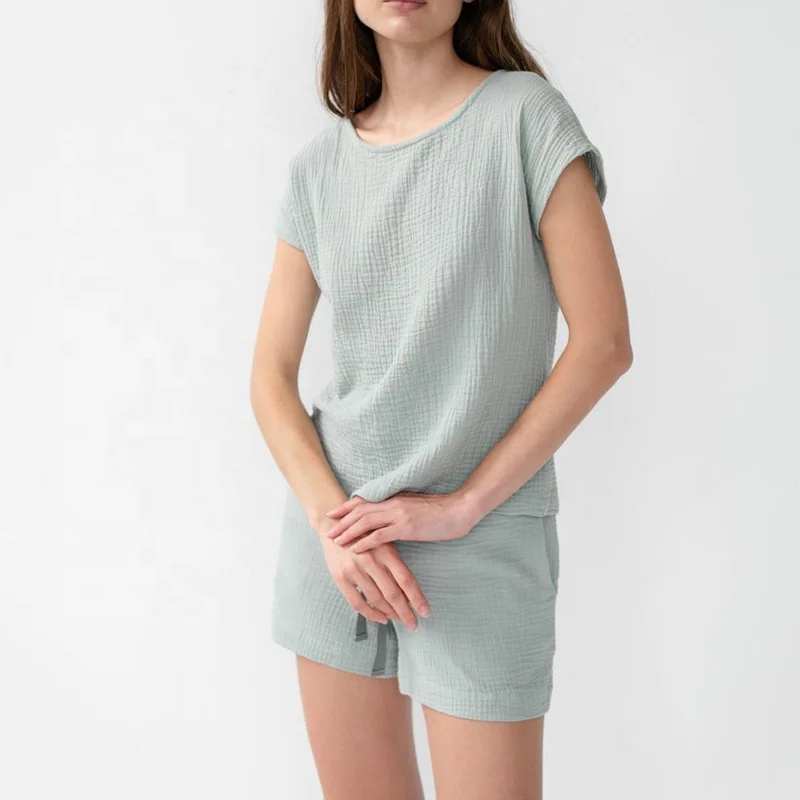 Short Sleeve Summer Mint Muslin Pajamas, Cotton Pajama Set Women