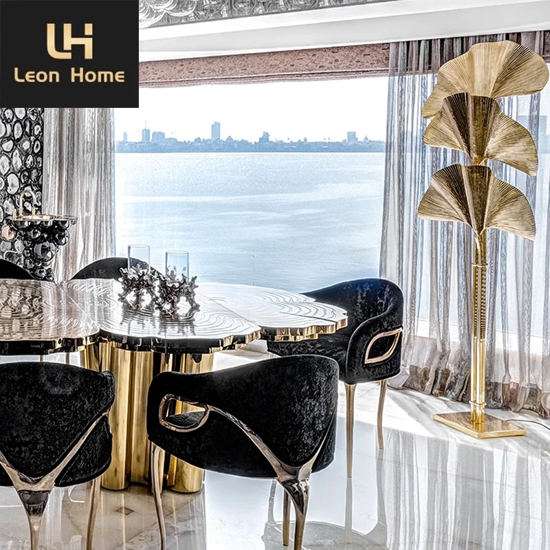 Italian Dining Room Furniture Stainless Steel Frame Marble Top Large Dining Table Set Modern Luxury Dining Table Set