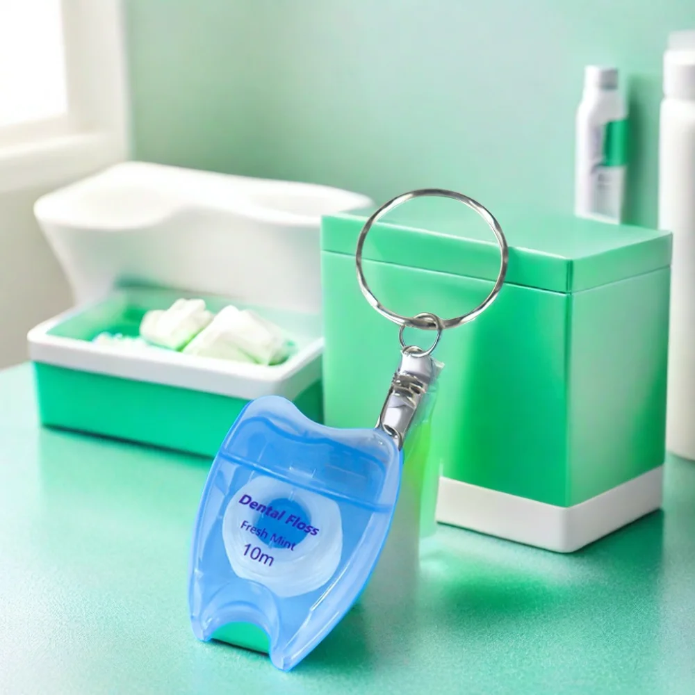 ISO Approved Bulk OEM Mint Flavor Oral Hygiene 10m Tooth Shape Keychain box Flosser Dental Floss