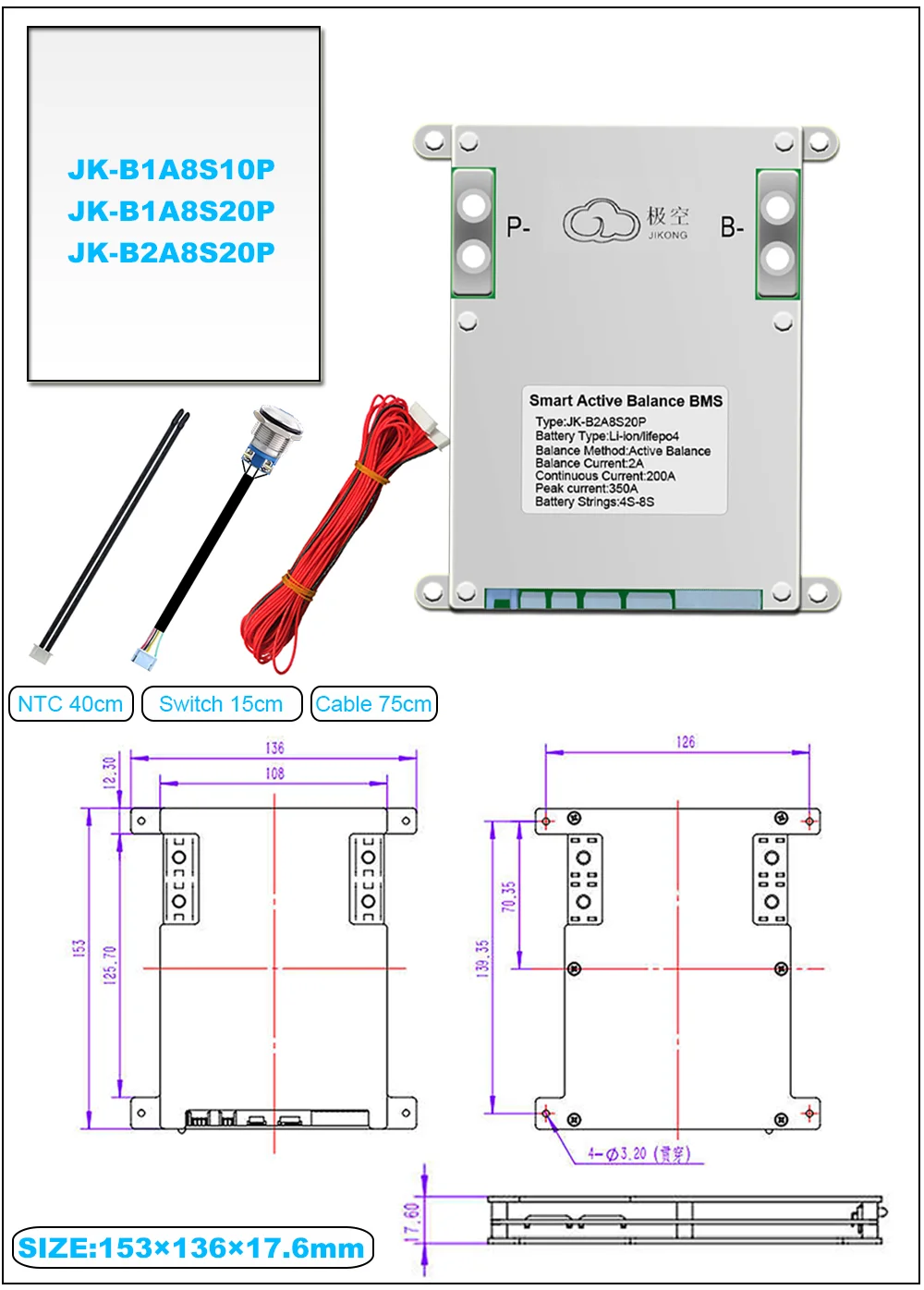 JKBMS Smart BMS 4~24S 40A~120A 0.4A 0.6A Active Balancer LFP LI-ION LTO Cells JK BMS JK-BD6A20S12P
