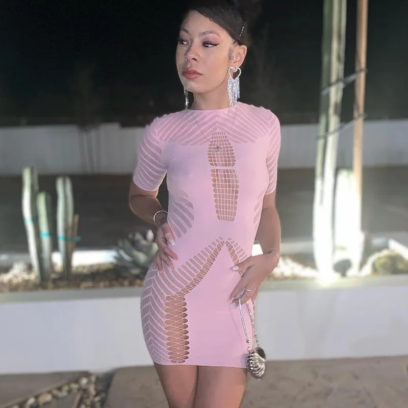Hole Sexy Bodycon Short Sleeve Mini Dress 2023 Summer Hollow Out Women Clothing Club Party Apparel Girl Fashion