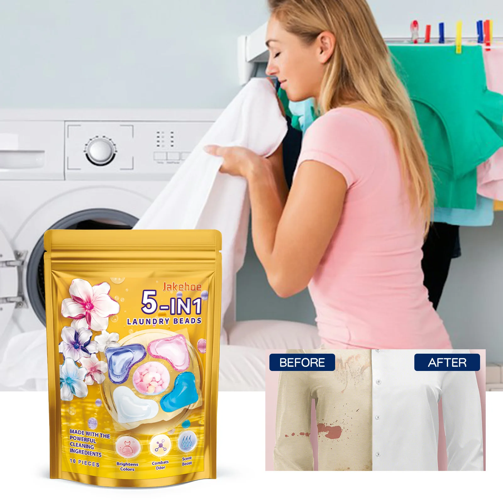 Private Label Jakehoe 5 in 1 Laundry Beads Dark Spot Removal Eco-Friendly Laundry Detergent Pods Beads