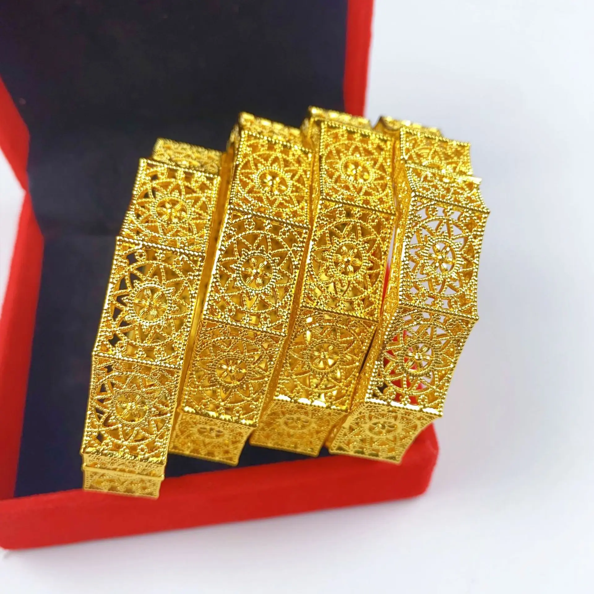 Wholesale Shiny Gold Plated Jewelry Bangles Findings Copper Brass Bridal Geometric Hollow Bracelets For Women