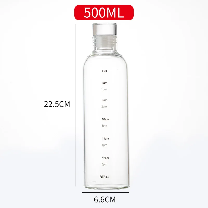 300ML 500Ml 750Ml Time Maker Reminder Reusable Sports Soda Drinking Borosilicate Glass Water Bottle