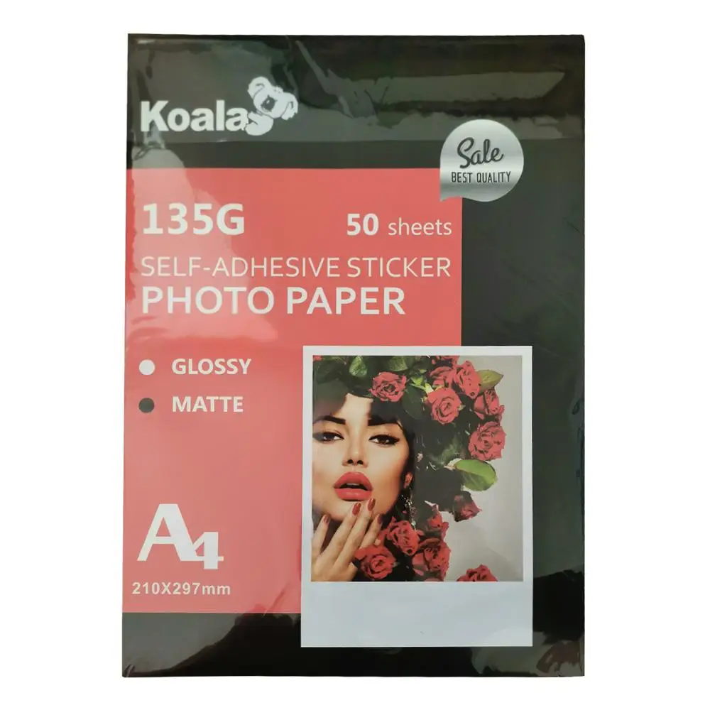 Koala premium 115g sticker photo paper, inkjet glossy self adhesive photo paper  A4 * 50sheets