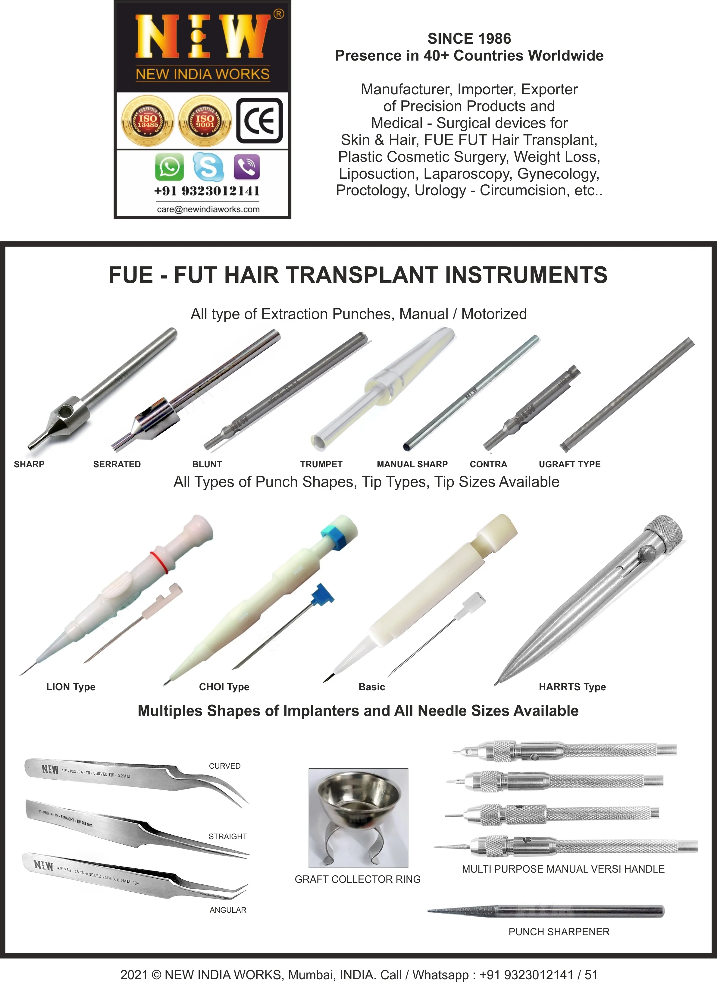FUE PUNCH HOLDER HAIR TRANSPLANT MULTI PURPOSE VERSI HANDLE CE ISO Conformity Certified by NIW SURGICALS