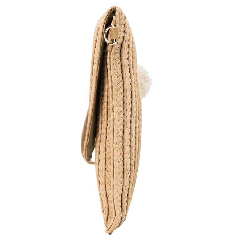 
Raffia clutch hand evening bag pu leather long strip sling woven beach rattan straw bag with pom pom 