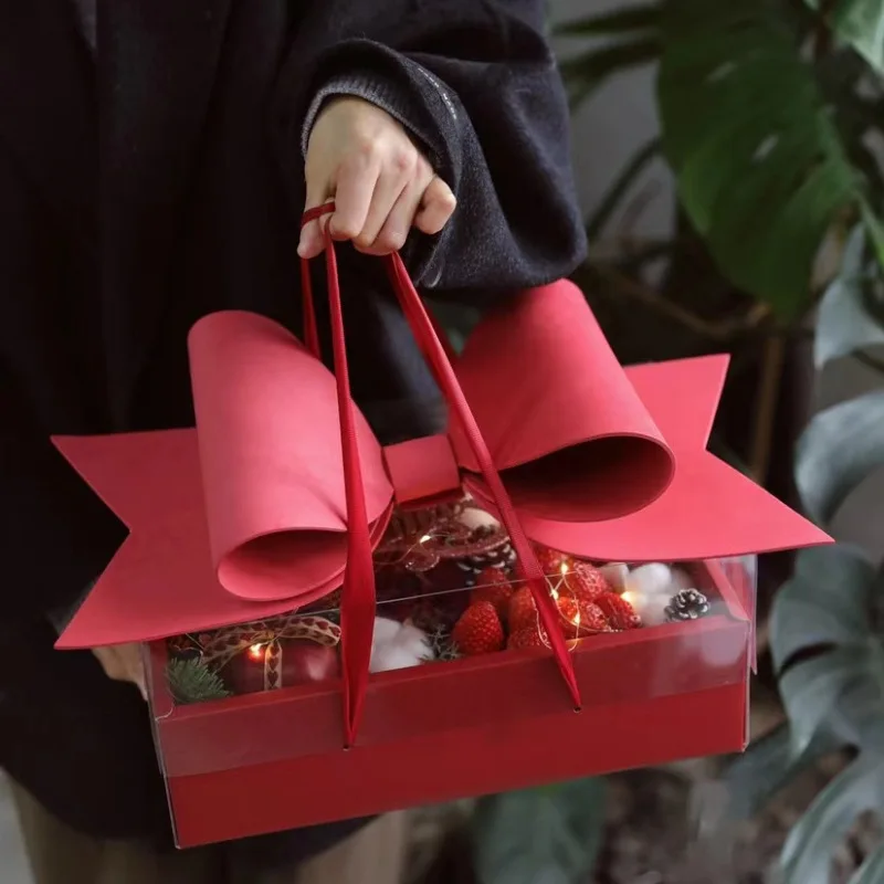 Wholesale Customizable Bow Gift Box Flower Cake Fruit Packaging PVC Transparent Lid Portable Luxury Paper Boxes