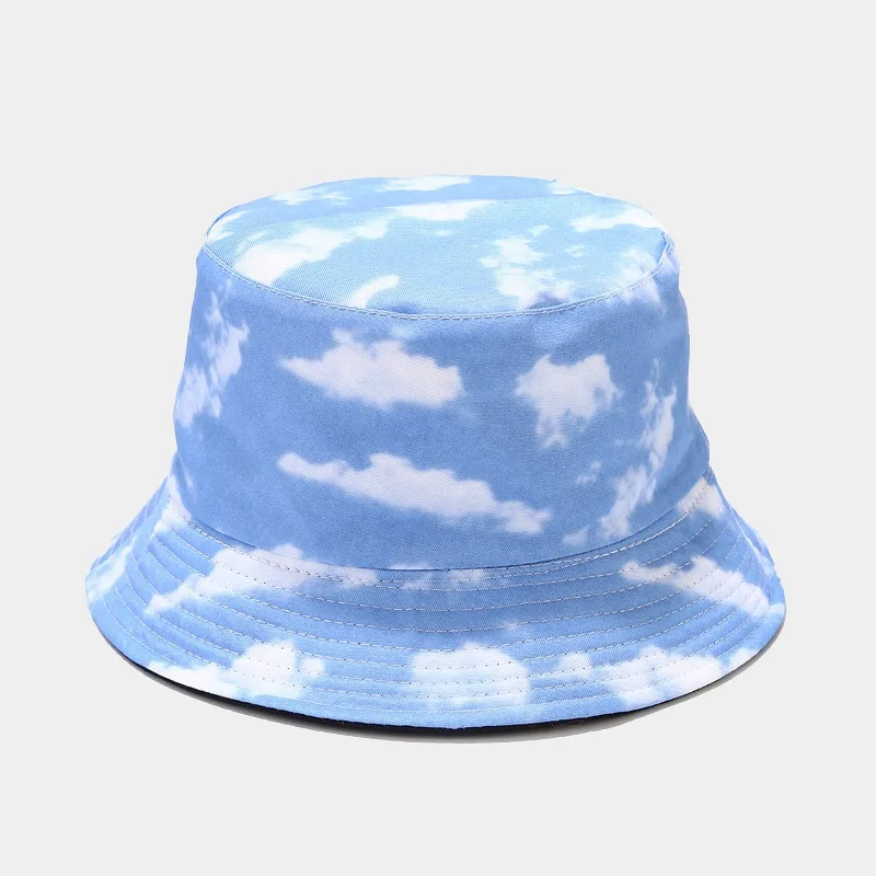 New Blue Sky and White Clouds Fisherman Hat Female Outdoor Leisure Reversible Cheap Bucket Hat Custom logo for Women RTS  Blank