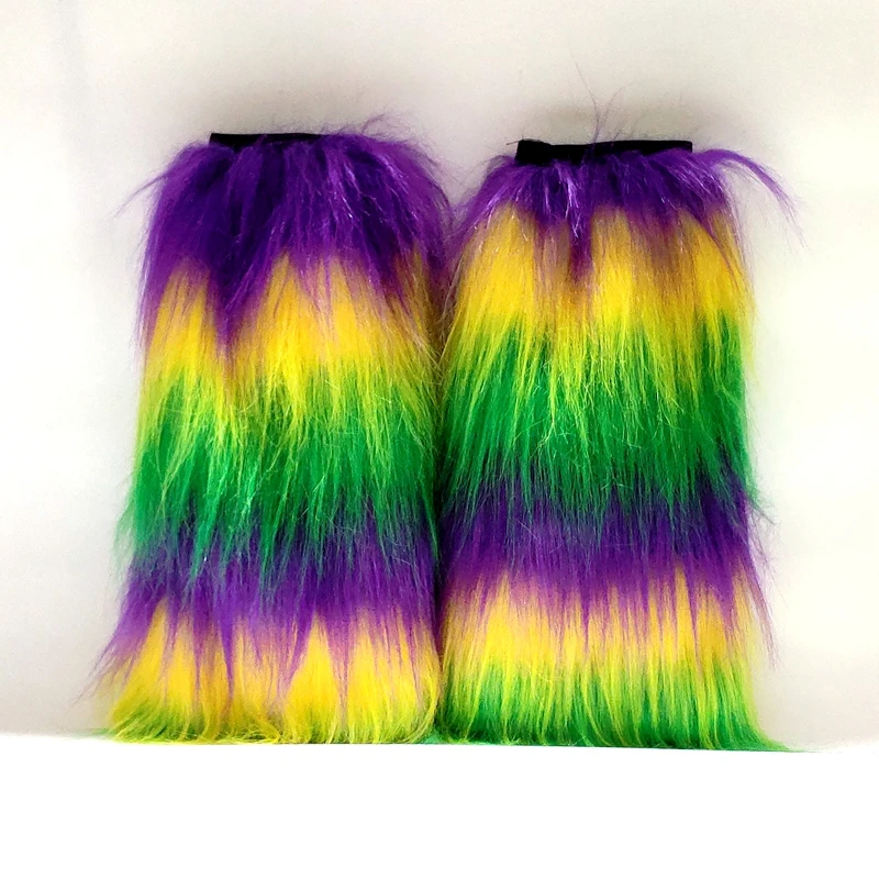 Haiwin Party Mardi Gras Purple Yellow Green Furry Leg Warmers for Women Masquerade Mardi Gras Costume