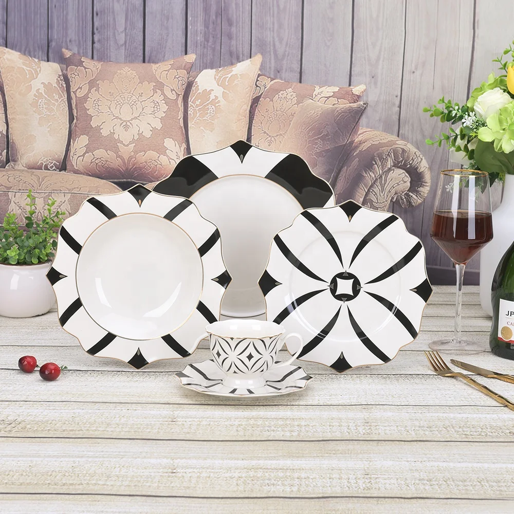 Geometric Waves Round Oval bone china Fine Dining Dinnerware Plate Set black and white with gold rimmed