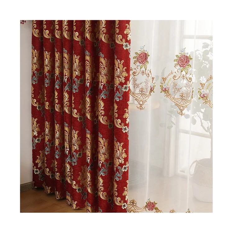 Wholesale Nordic Style Jacquard Chenille Pattern Red Backdrop Drapes Curtains For Events Living Room