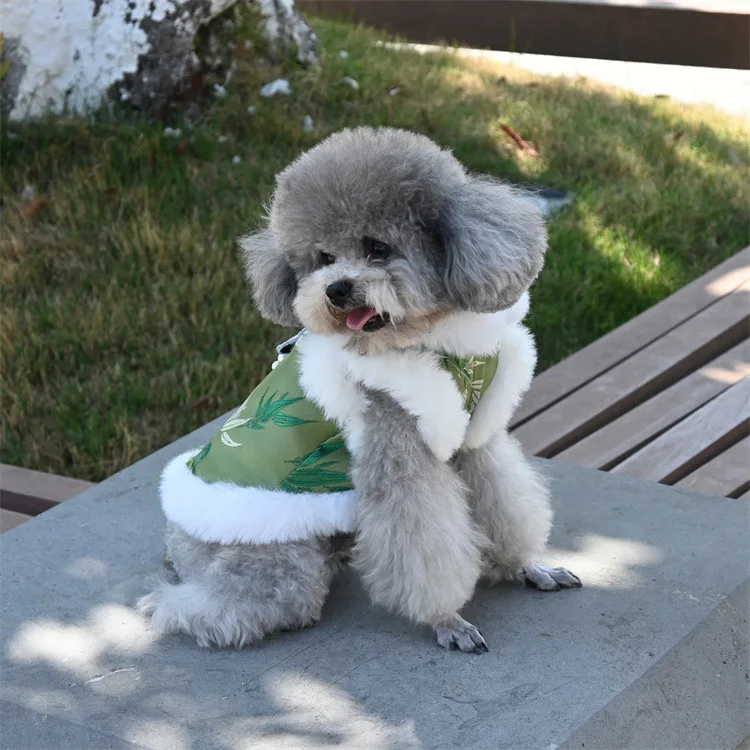 Luxury Embroidery Bamboo and Panda Winter Dog Coat Soft and Warm Chinese Suit for Puppy Dog Outfit