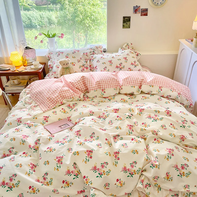 Wholesale Soft Beautiful Floral Bedding Cotton Reversible Duvet Cover with Pillowcases