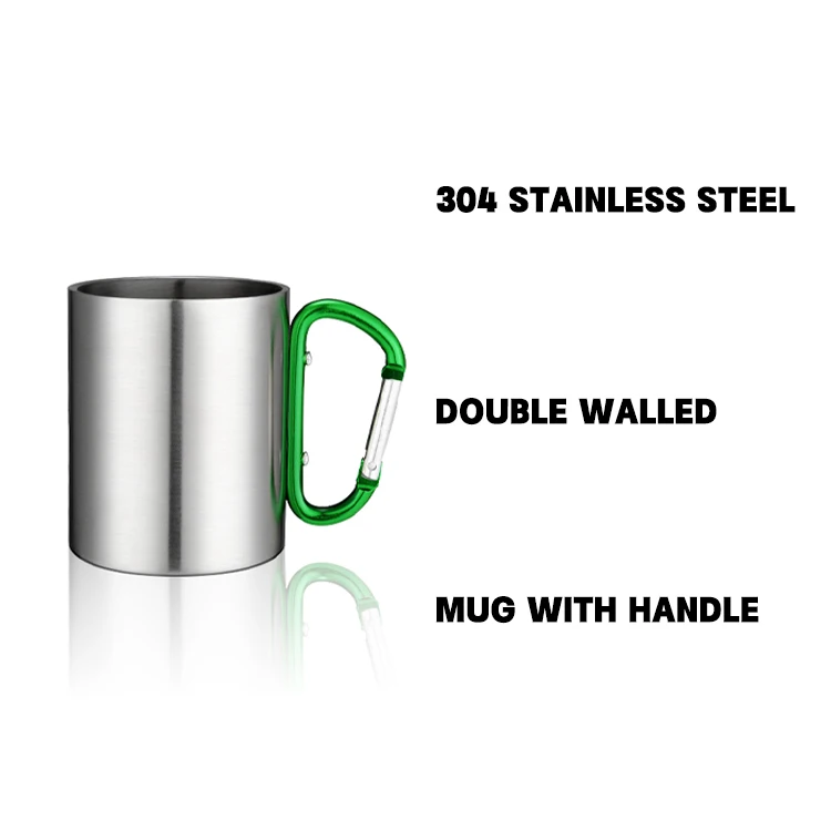 200ml Hot Double wall outdoor camping travel portable stainless steel coffee cup double walled carabiner mug with handle