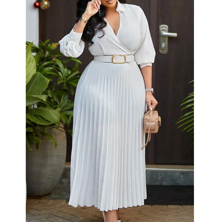 2024 new arrivals african american ladies dress plus size v neck pleated dress with belt elegant casual women dresses