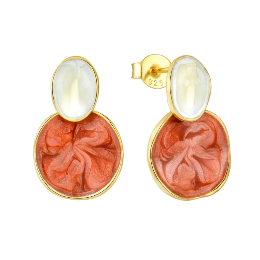 YILUN 925 Sterling Silver Handcrafted  Enamel Stud Earrings Unique Design Gold Plated Natural Coral Dangle Earrings for Women