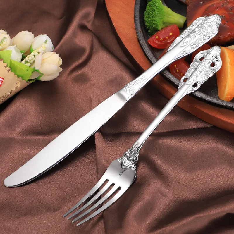 High Quality Luxury Vintage Gold And Silver Flatware Royal Stainless Steel 304 Golden Cutlery For Banquet Wash Safe Silverware