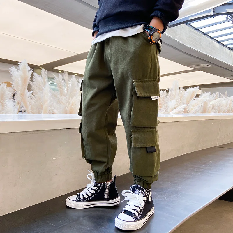 2022 Fall Winter Fashion Teenager Boy Army Green Cargo Trousers Stylish Black Pocket Pants 5-15 Years