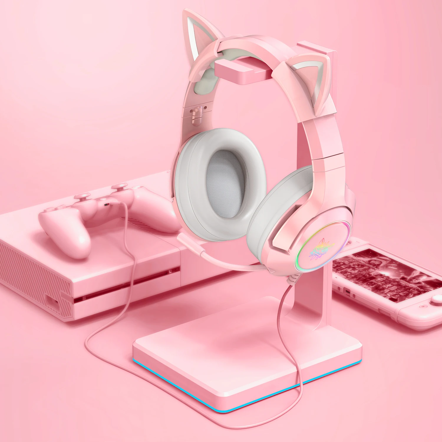 Наушники ONIKUMA K9 7 1 розовые с кошачьими ушками гарнитура 3 5 выдвижным микрофоном и вращающимися