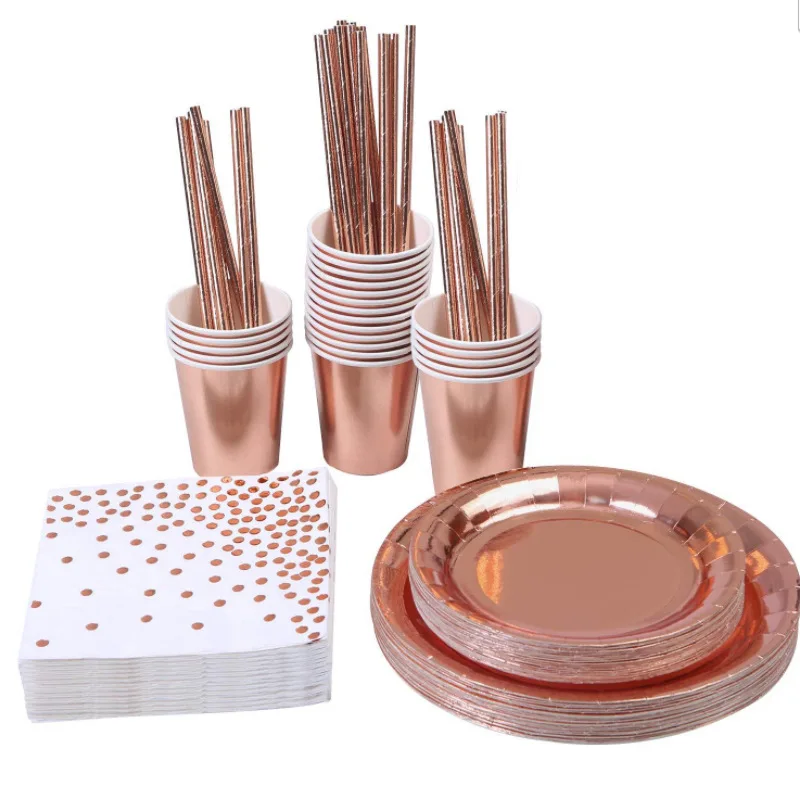 Столовые приборы на годовщину вечеринку свадьбу день рождения столовые Одноразовая чашка тарелка салфетка соломенная бумажная посуда
