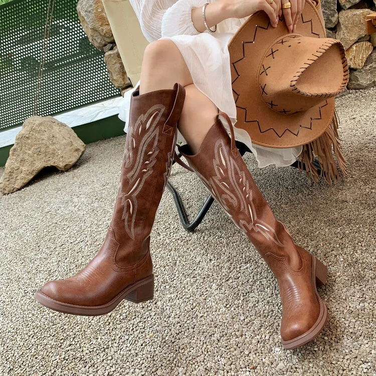 Western Cowgirl Fashion Genuine Leather Boots Brown Knee High Long Boots Chunky Heeled Boots For Women