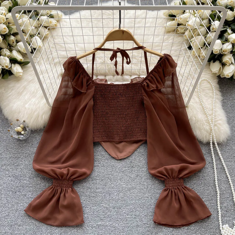 Autumn Full Sleeve Square Collar Shirts Women Crop Top Solid Casual Blouse Ladies Y2k Clothing Clothes Women Wholesale